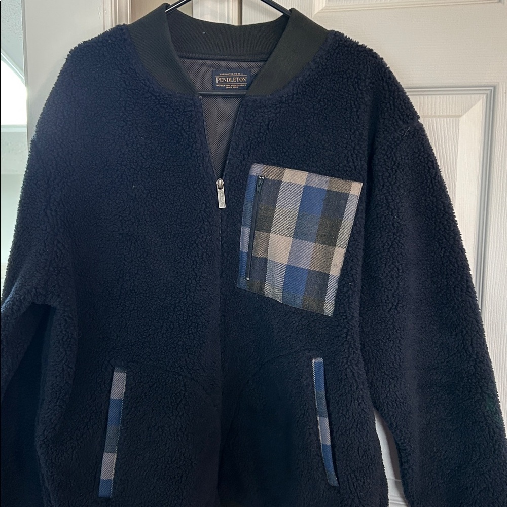 Pendleton Navy Fleece Jacket with Blue Plaid Details